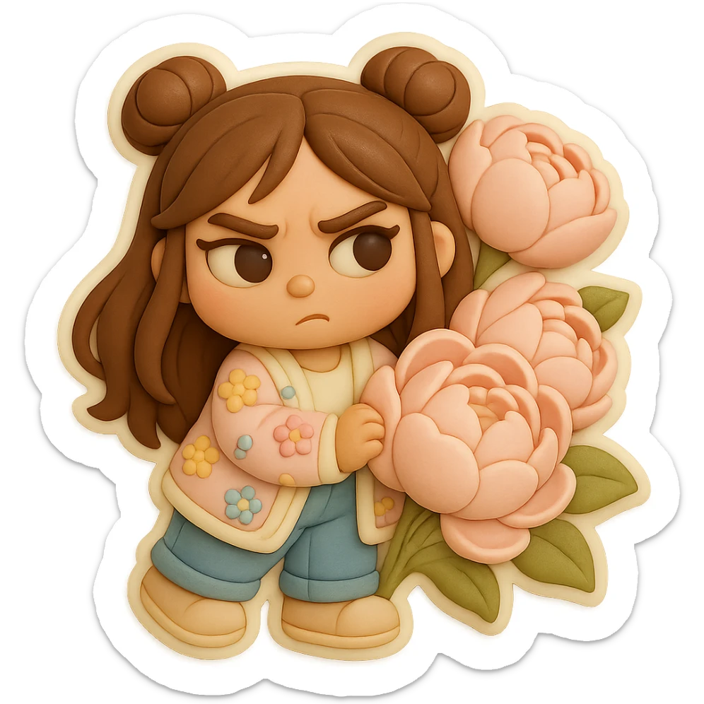 3D chibi fondant cake art style, high-quality rendering with smooth shadows and soft gradients. Girl based on reference image preserving facial features and eye shape exactly as in the reference. Long brown hair in two space buns, brown eyes, jeans, pastel floral cardigan, shoes. Thick white outline like a sticker, transparent background. Peeking out from a bouquet of soft pink peonies. Ensure the face, hairstyle, eye shape, and shoes match the reference exactly. sticker