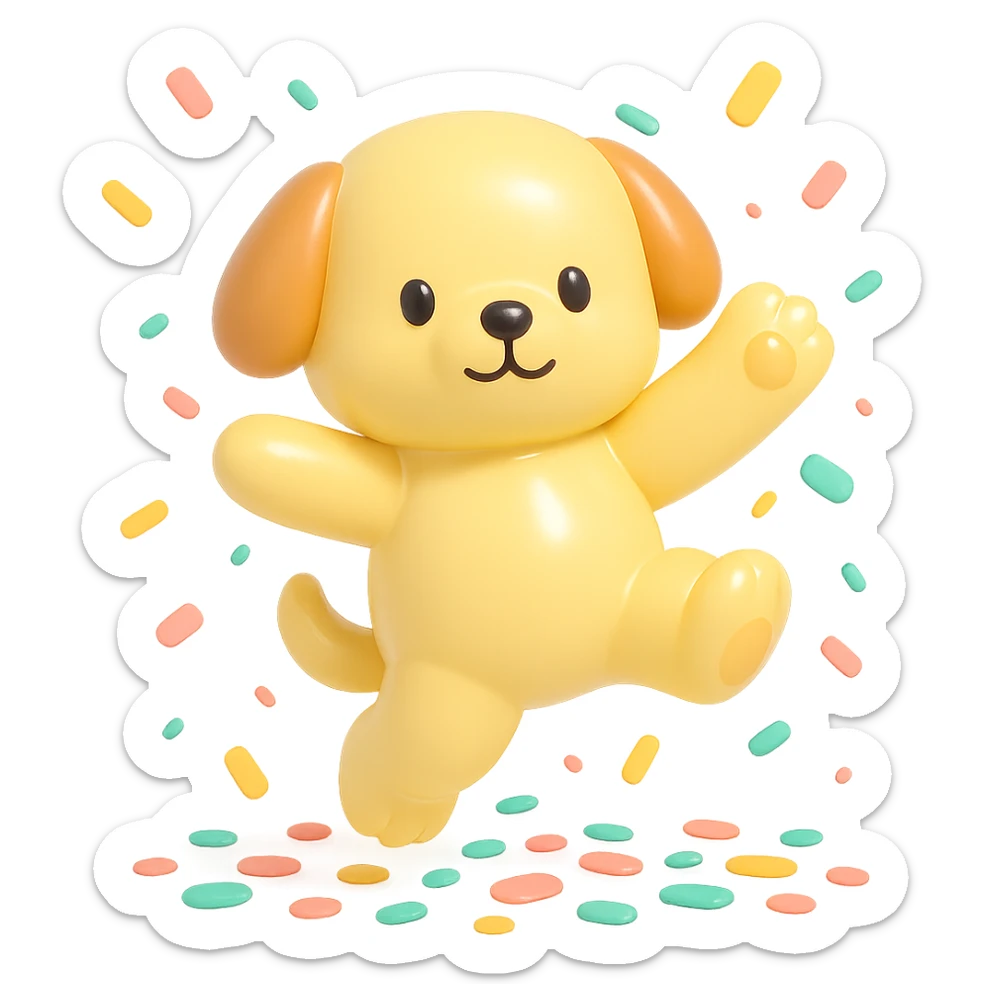 puppy jumping in confetti with paw up, vinyl figure style sticker