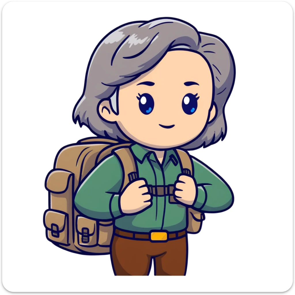 white woman park ranger with blue eyes, brown and gray hair, wearing a backpack, standing in a nature background sticker