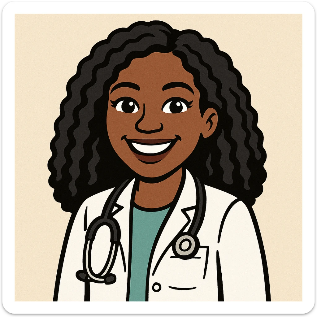 bitmoji style African American woman doctor wearing a white coat and stethoscope, smiling sticker