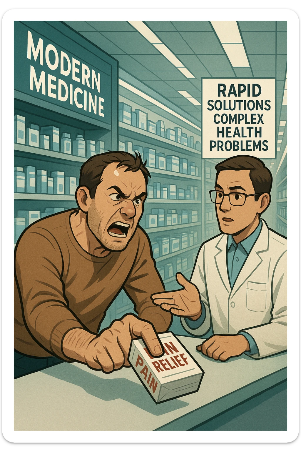 Cinematic Frustrated man at pharmacy counter demanding immediate pain relief medication, expression of impatience wanting instant symptom elimination, ignoring pharmacist's questions about underlying causes, grabbing prescription bottle eagerly, symptom suppression taking priority over healing, modern medicine aisle promising quick fixes for complex health problems" in italiano sticker