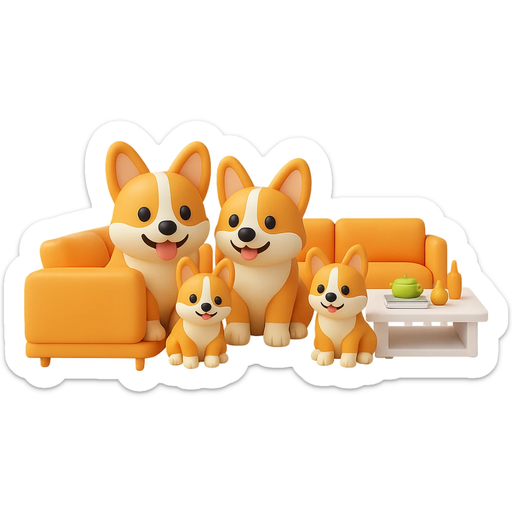 Change the dog family to a corgi breed, keep the modern family room scene, in the style of 3D emoji style, with no background. sticker