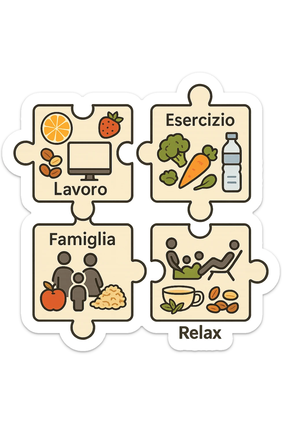 Puzzle (Lavoro, Esercizio, Famiglia, Relax), in lavoro metti icona di un PC, in Esercizio un Manubrio, in Famiglia una famiglia, in Relax qualcuno che riposa and healthy foods are integrated into each piece. in italiano sticker