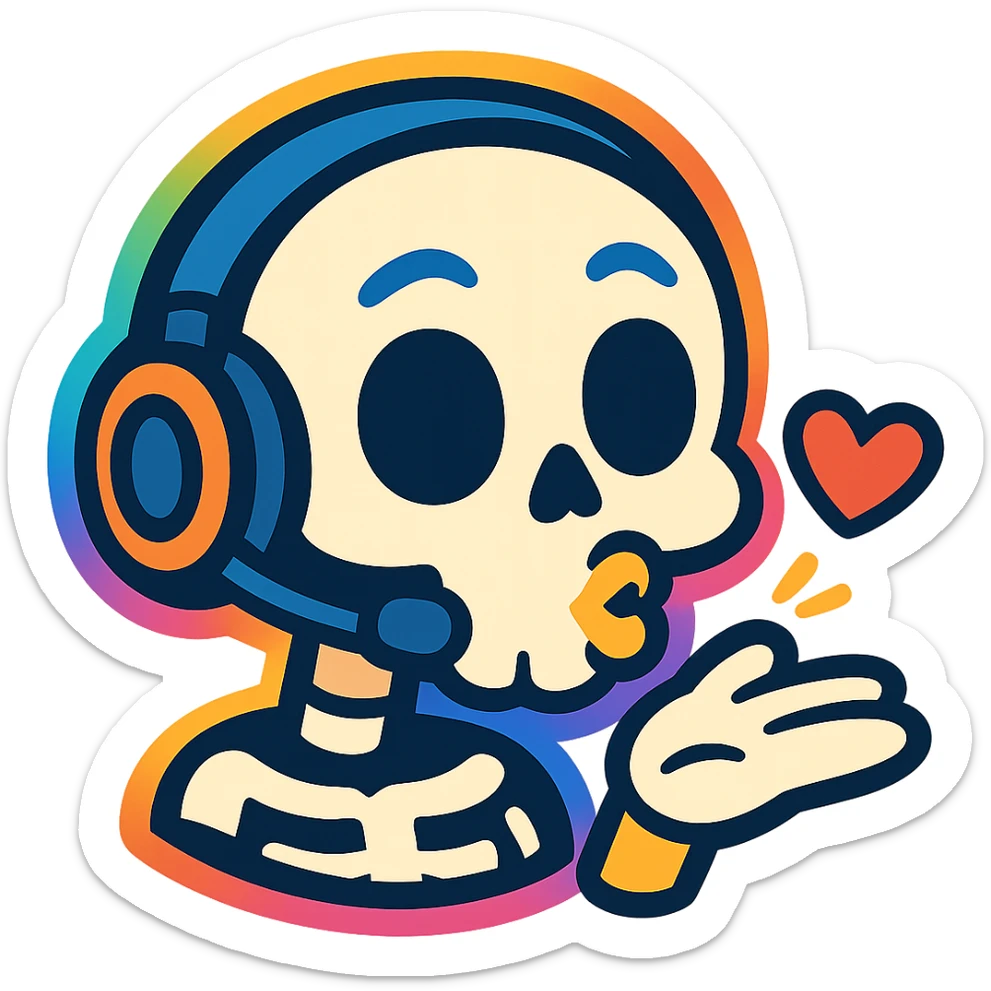a cartoon skull blowing a kiss, with a rainbow aura and headset, vibrant toon style, for a fun gaming group sticker