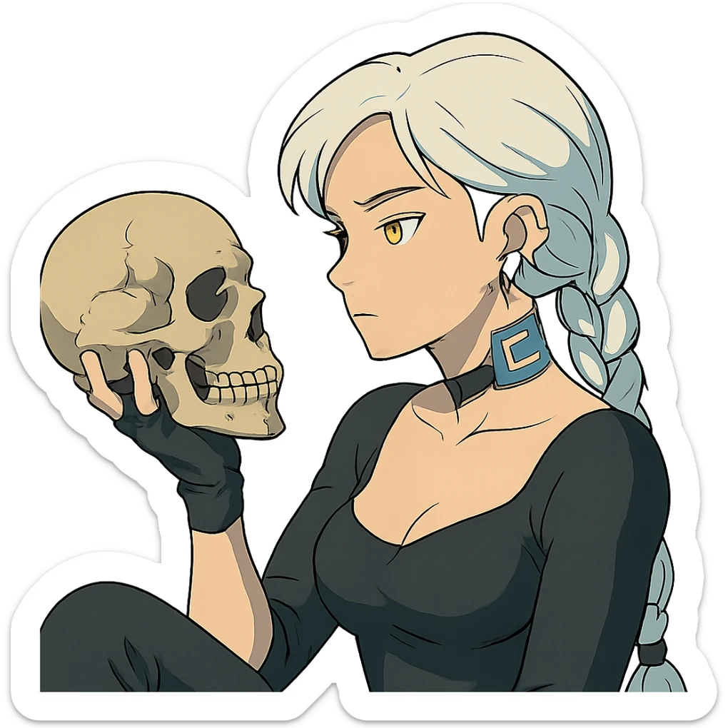 she is holding a skull, pondering as in shakespeare, a closeup portrait of young woman with gold yellow eyes, white hair, long braid, black off-shoulder top d-cup, punk gothic style, futuristic cyberwave cyberpunk, sitting position sticker