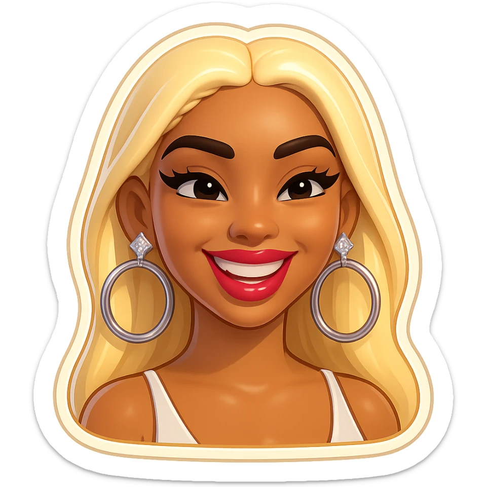 Make her smile, keep the emoji-style head of a young Dominican woman inspired by Yailin La Más Viral, light brown skin, long straight platinum blonde hair, arched eyebrows, long lashes, glossy lips, stylish makeup, confident diva-like expression, bold hoop earrings, modern urban vibe, fierce and glamorous, with no background sticker