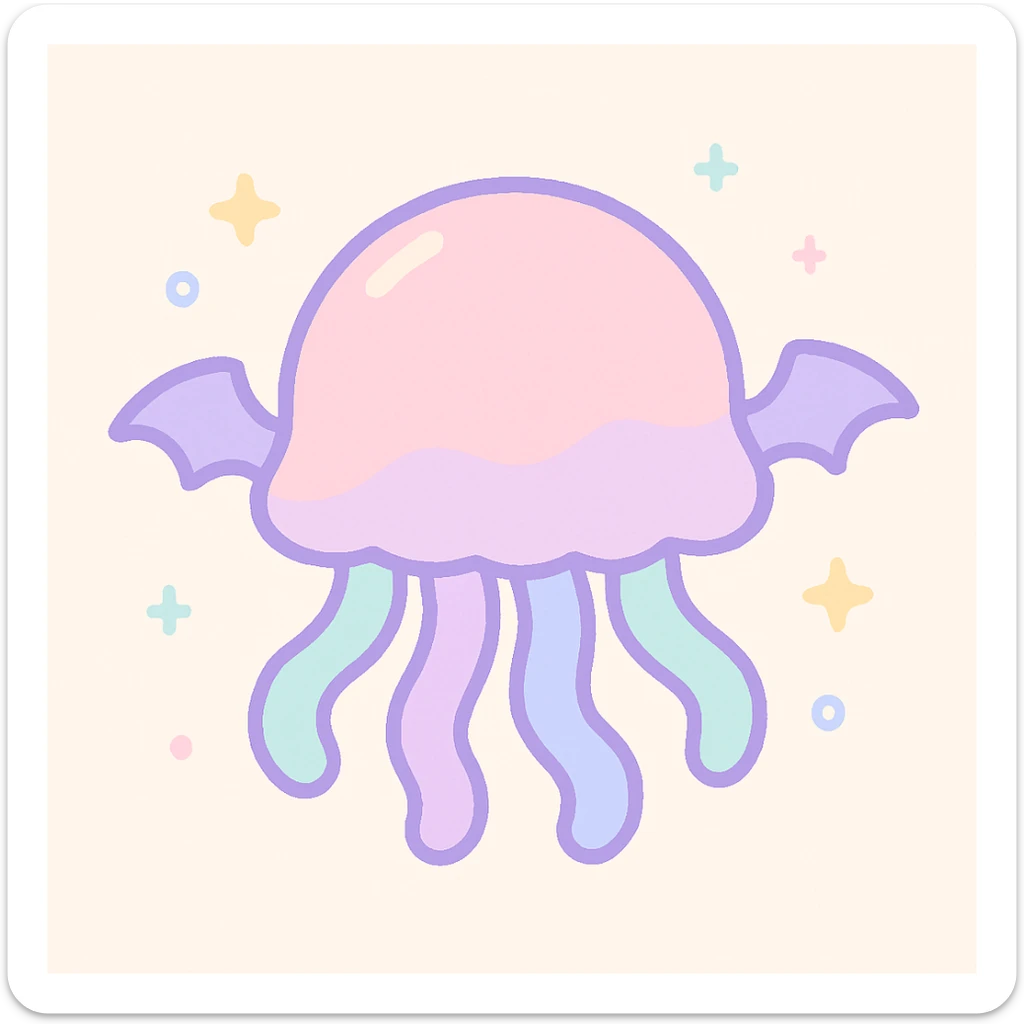 kawaii style jellyfish with no face, pastel dreamy colors, with small bat wings, whimsical atmosphere sticker