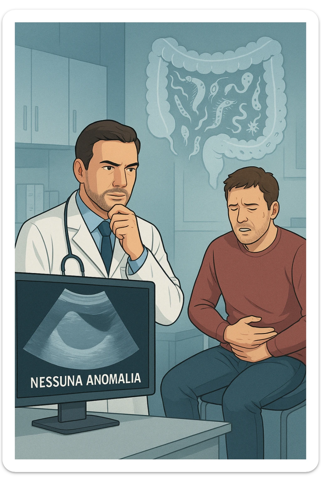 Medico in camice bianco in uno studio moderno, mentre osserva una TAC o ecografia su uno schermo con espressione convinta. Accanto a lui, un paziente seduto che lamenta dolori intestinali. Sullo sfondo, un’immagine traslucida dell’intestino pieno di piccoli parassiti stilizzati (vermi, protozoi), non visibili nel monitor medico. Il monitor mostra 'nessuna anomalia', ma dietro c’è la realtà invisibile. Atmosfera clinica ma con contrasto simbolico tra 'ciò che si vede' e 'ciò che sfugge'. Colori freddi, luce ospedaliera in italiano sticker