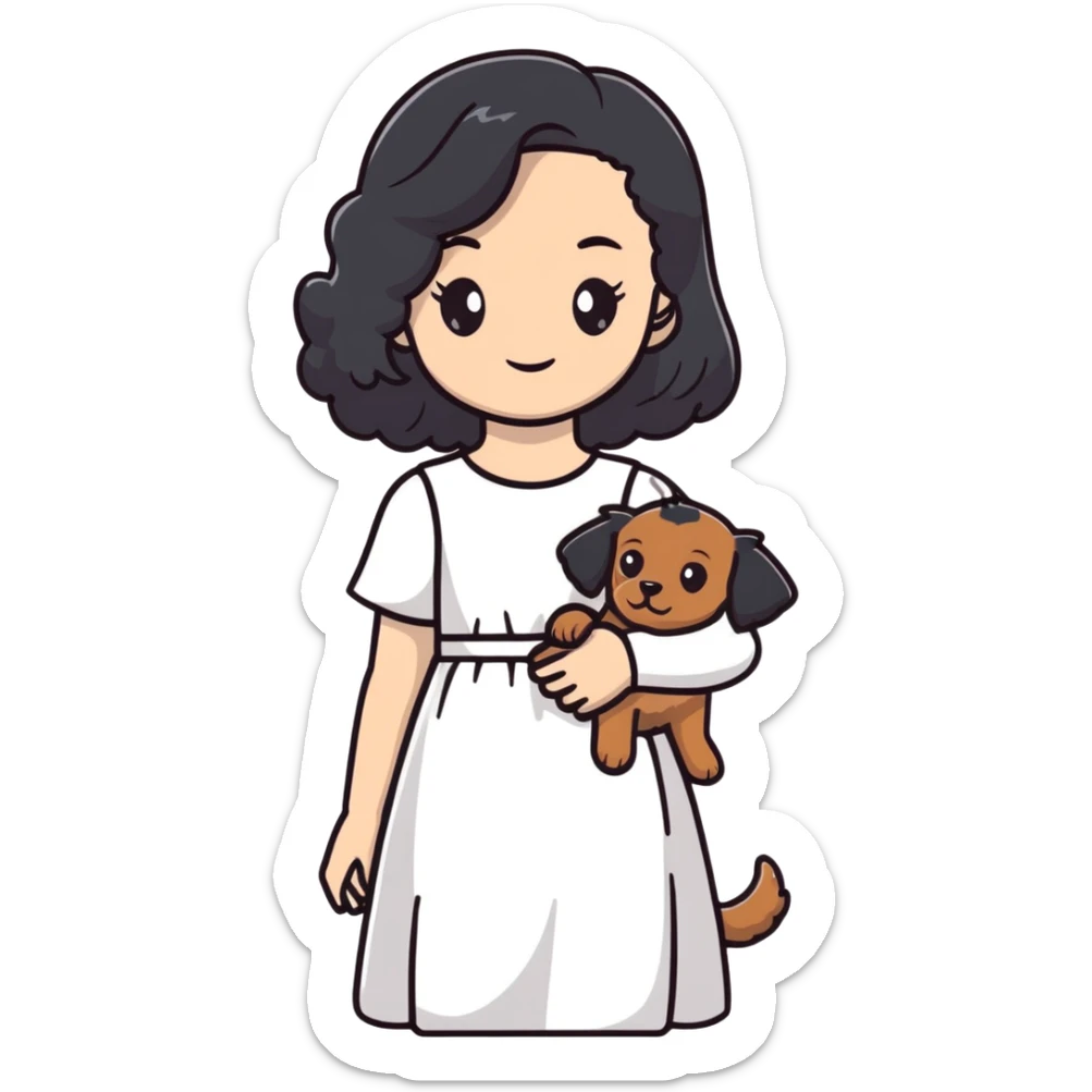 beautiful girl with long black hair in a white dress holding a small brown curly-haired dog sticker