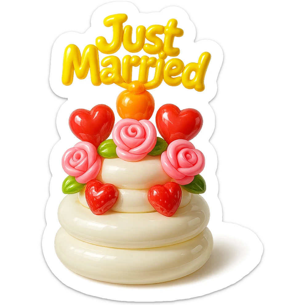 white wedding cake with strawberries, pink roses, 'Just Married' topper, balloon style sticker