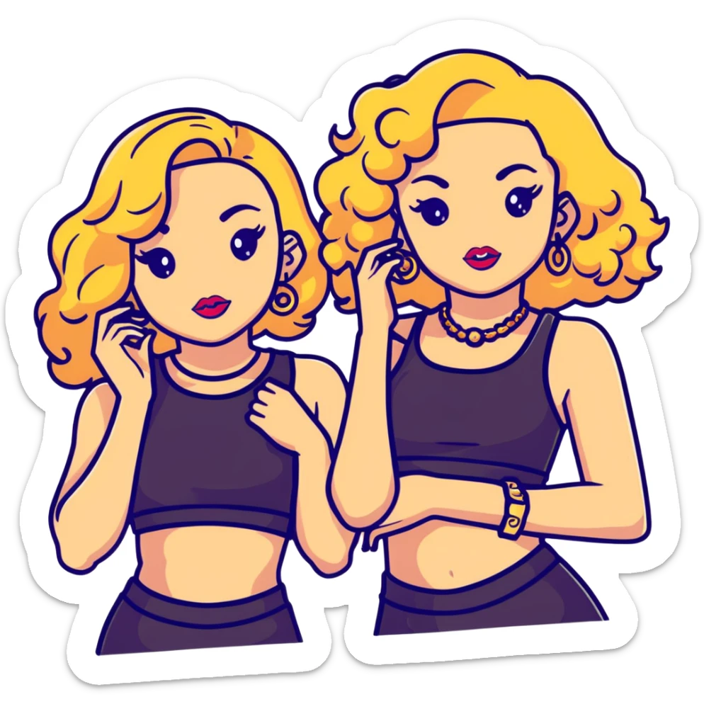 Two teenage girls together, one blonde and one with curly brown hair, both with heavy makeup, big lips, crop tops, gold jewelry and flashy choni style outfits sticker