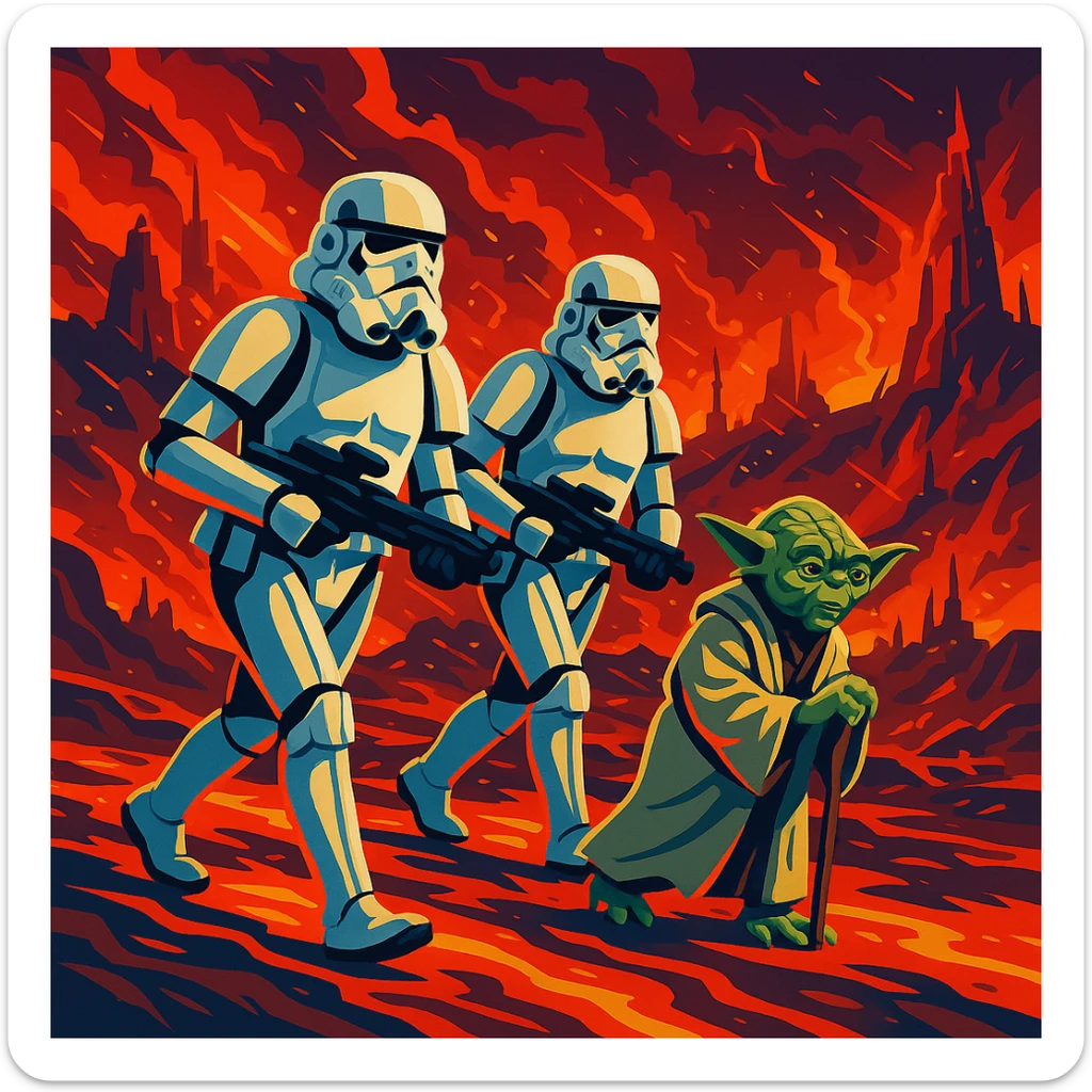 vector art of a Starwars stormtroopers is walking on lava planet with yoda, battleground background 
 sticker