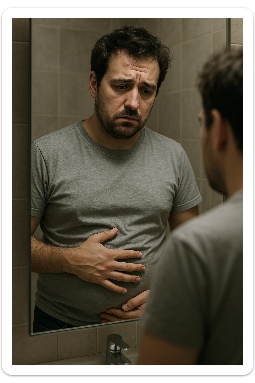 uomo che si guarda allo specchio triste mentre si tocca la pancia, pensieroso, iperrealistico 4k sticker