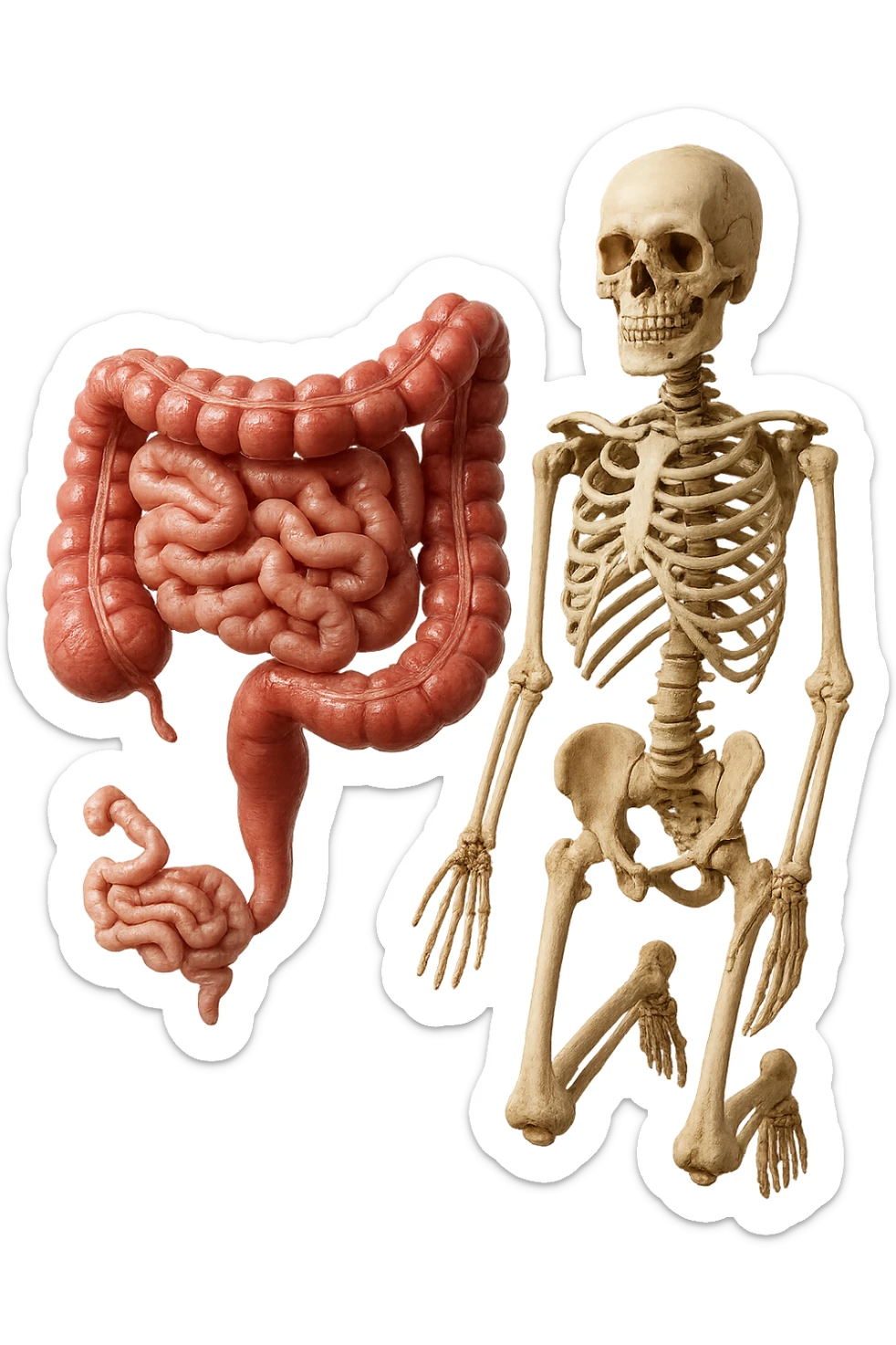 intestino umano anatomico e ossa umano anatomico fluttuano in aria, iperrealistico 4k sticker