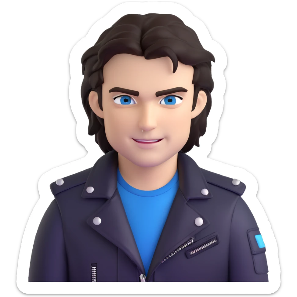 Damon Salvatore as a vampire with dark tousled hair, blue eyes, fangs, signature smirk, leather jacket, confident vibe sticker