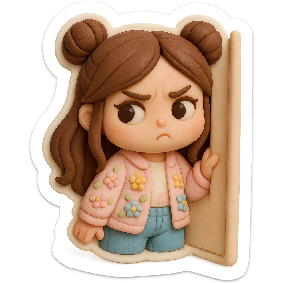3D chibi fondant cake art style, high-quality rendering with smooth shadows and soft gradients. Girl with long brown hair in two space buns, brown eyes, jeans, pastel floral cardigan, thick white outline like a sticker, transparent background. Peeking suspiciously from behind a corner, preserve facial features. sticker