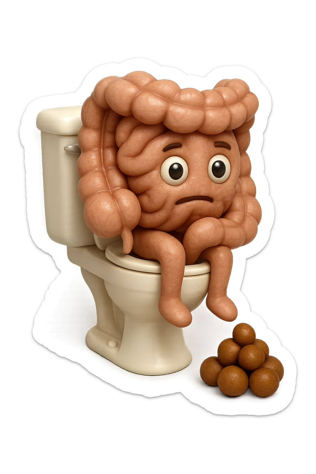 EMOJI STILE IPHONE 3D DI UN INTESTINO CHE sta seduto sul wc e davanti ha una montagnetta di feci a palline stile emoji iphone E FALLO MOLTO REALISTICO IN 3D sticker
