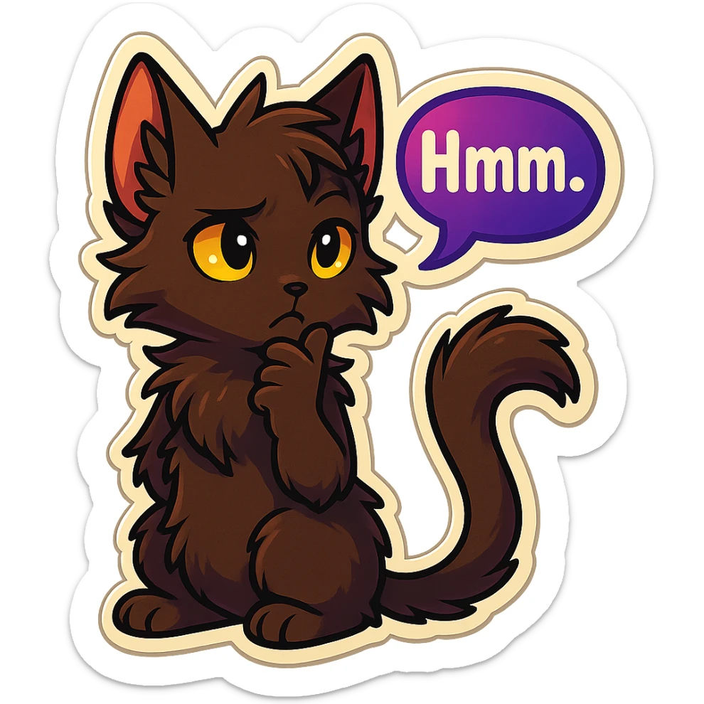 a dark-brown fluffy cute kawaii anthropomorphic furry anime cat-furry with tufted ears, golden eyes, and a long thin tufted tail, thinking, frowning thoughtfully, saying “Hmm..” with a purple speech bubble, (cartoon style) (cute anime style) (furry style) (deviantArt style) (artist style: Kamirah) sticker
