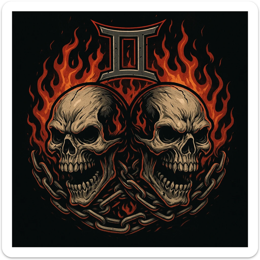 Two twin skulls with Gemini symbol, heavy metal band logo style, flames and chains sticker