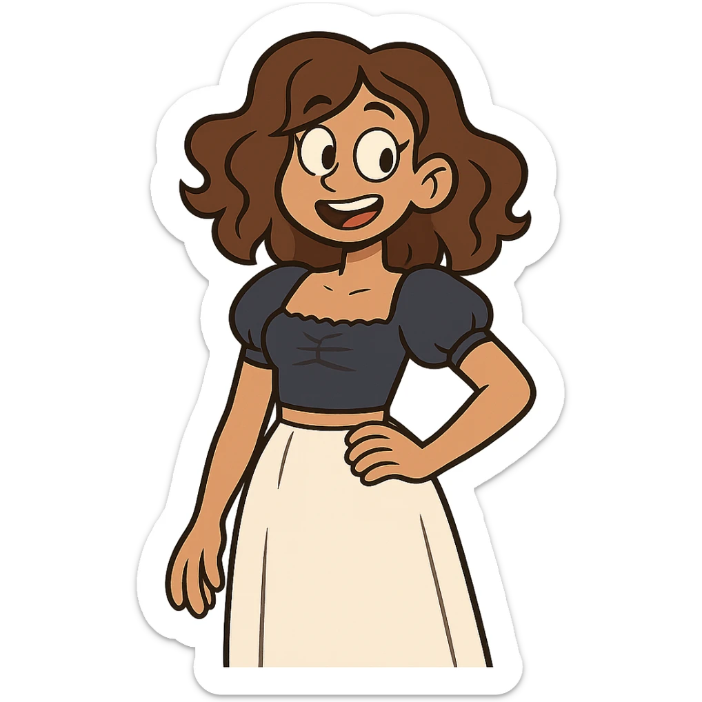 tan girl with wavy hair, white long skirt, navy blue ruched square neck crop top sticker