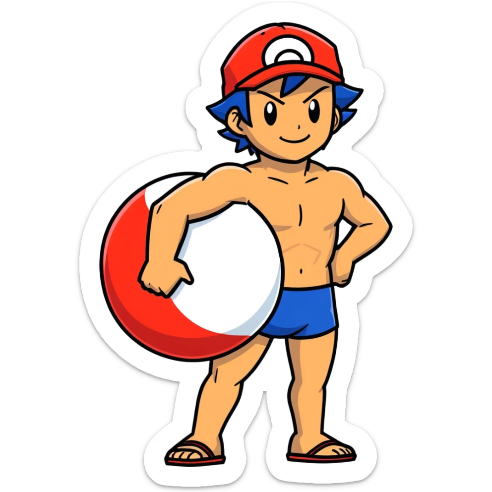 Hot handsome very muscular 6ft 5inch tall smiling happy fun shirtless Ash Ketchum coming out of a pokeball in short swimwear  sticker