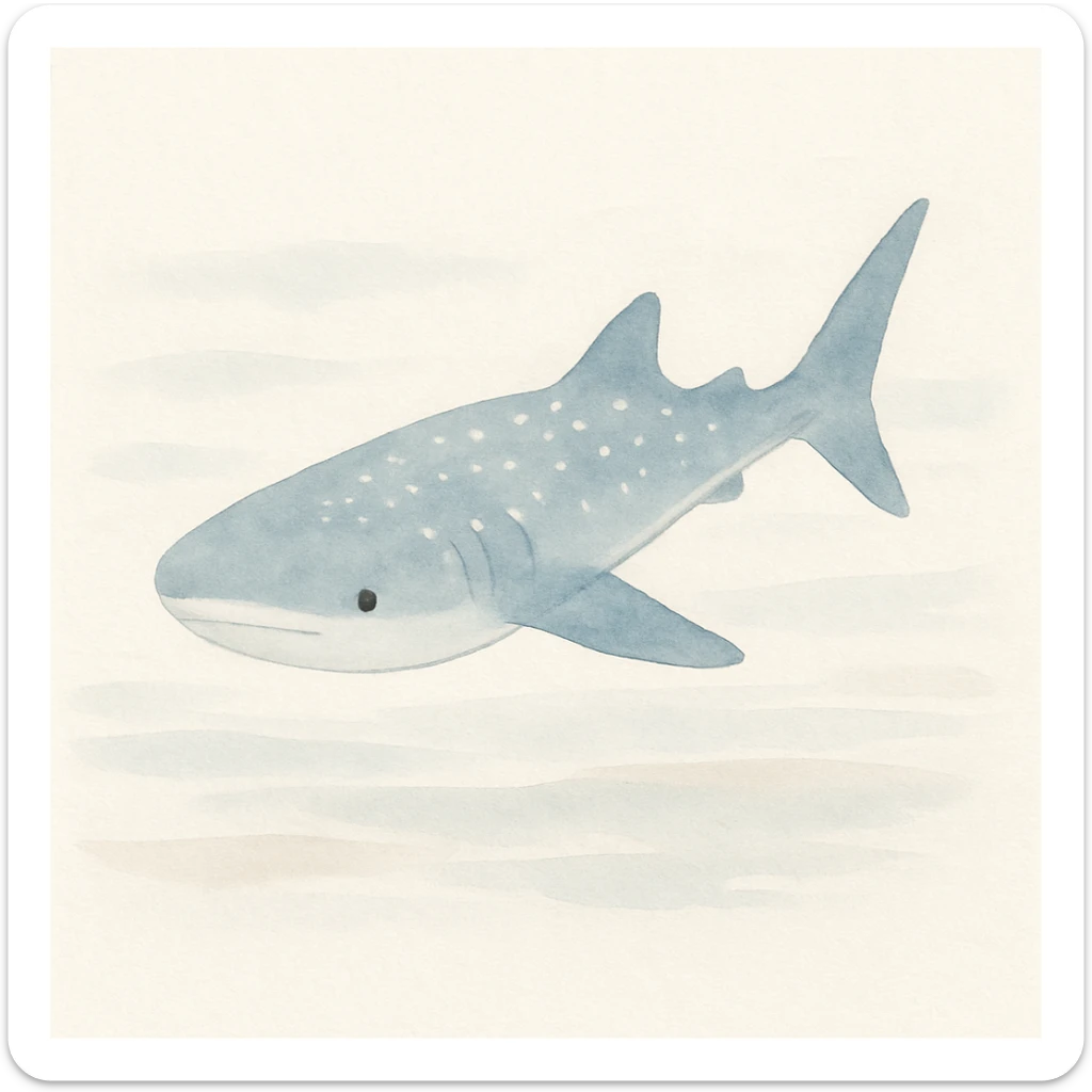 watercolor illustration of a whale shark, soft blue and gray tones, gentle expression, ocean background, artistic brushstrokes sticker