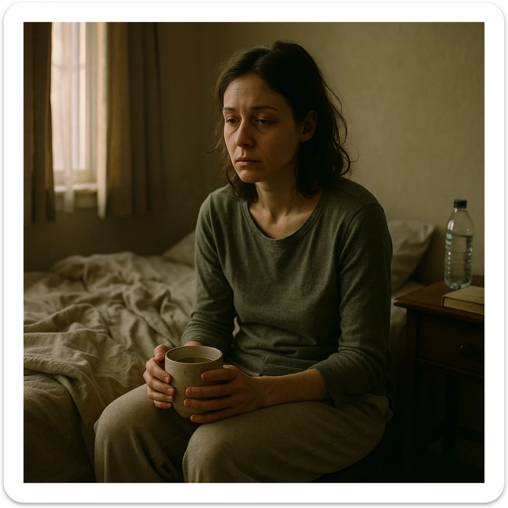 A cinematic, realistic morning scene: a woman in her early 30s, pale and tired, sits on her bed, slouched, with dark circles under her eyes. She wears loungewear, holds herbal tea, and is surrounded by a cozy, slightly messy bedroom—blanket, water bottle, book on the nightstand. Soft natural light from the window highlights her exhausted expression, conveying the invisible struggle of chronic fatigue syndrome with dignity and a gentle, compassionate aesthetic. sticker