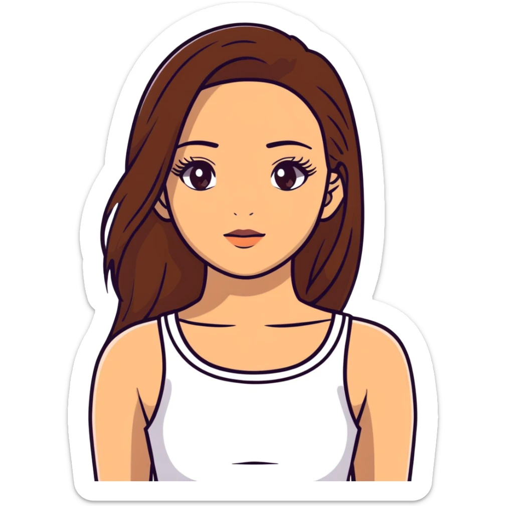 beautiful girl, long straight brown hair, brown eyes with lashes, wearing a white crop top, tan skin sticker