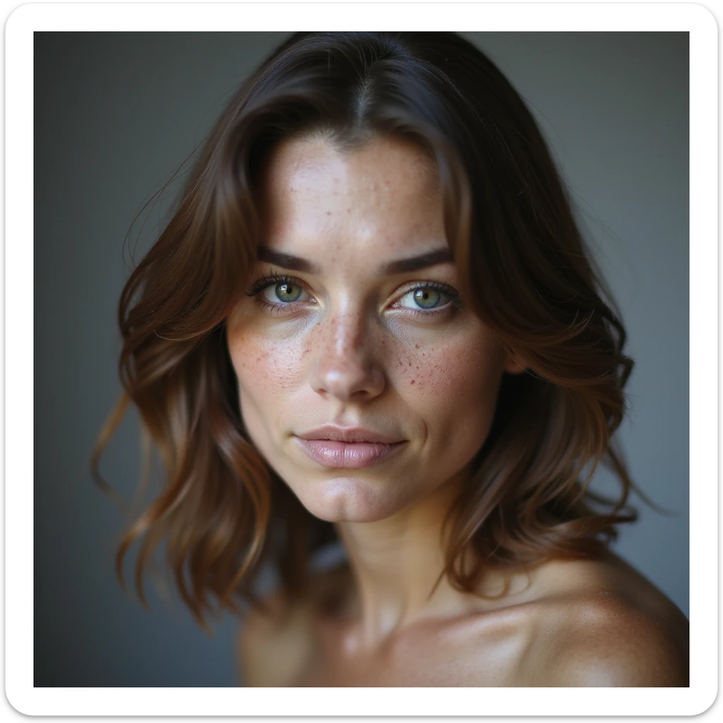 portrait of a white woman with freckles, shoulder-length brown hair, realistic style sticker