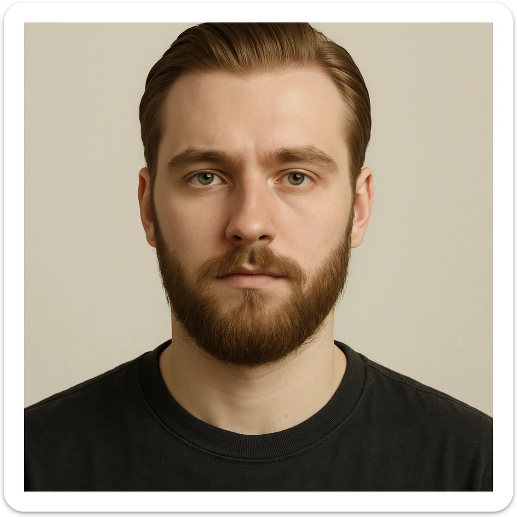 portrait of a young man with short light chestnut hair slicked back, medium-length thick beard, light green eyes, fair skin, oval face, neutral expression, wearing a dark t-shirt, plain light background, shoulder-up front view sticker