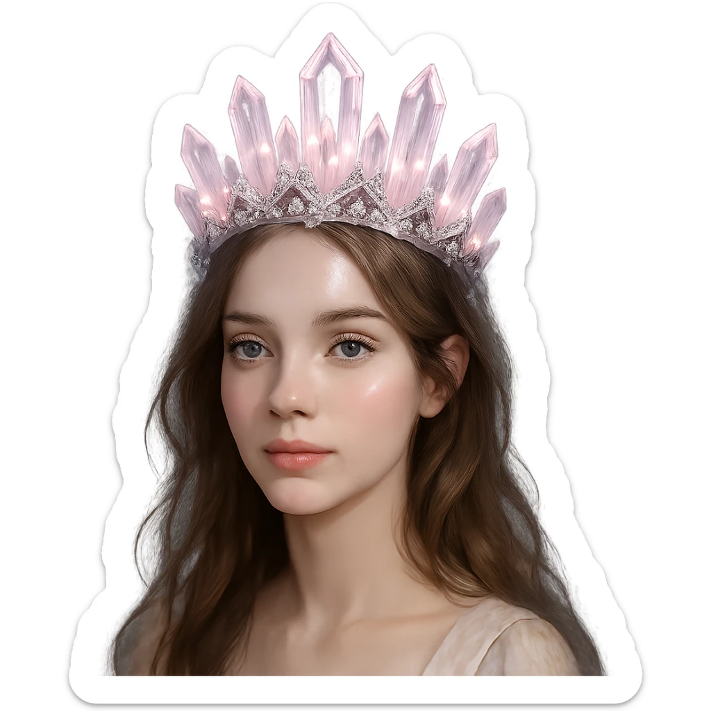 Change the crystal crown to be made of faceted clear and light pink crystals, with silver accents and a magical glow. Keep the background transparent. sticker