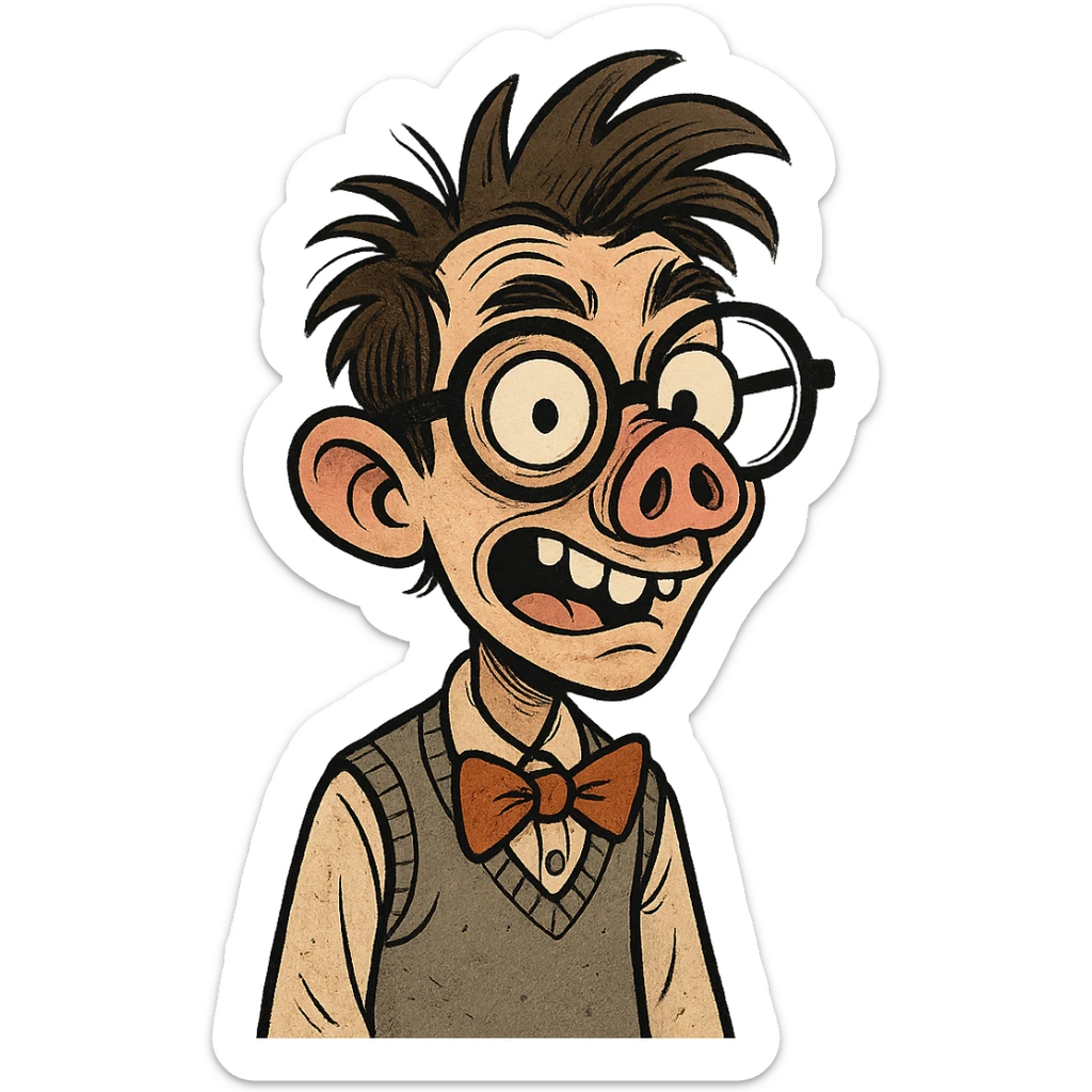 a quirky and expressive nerd character with glasses and the nose of a pig sticker