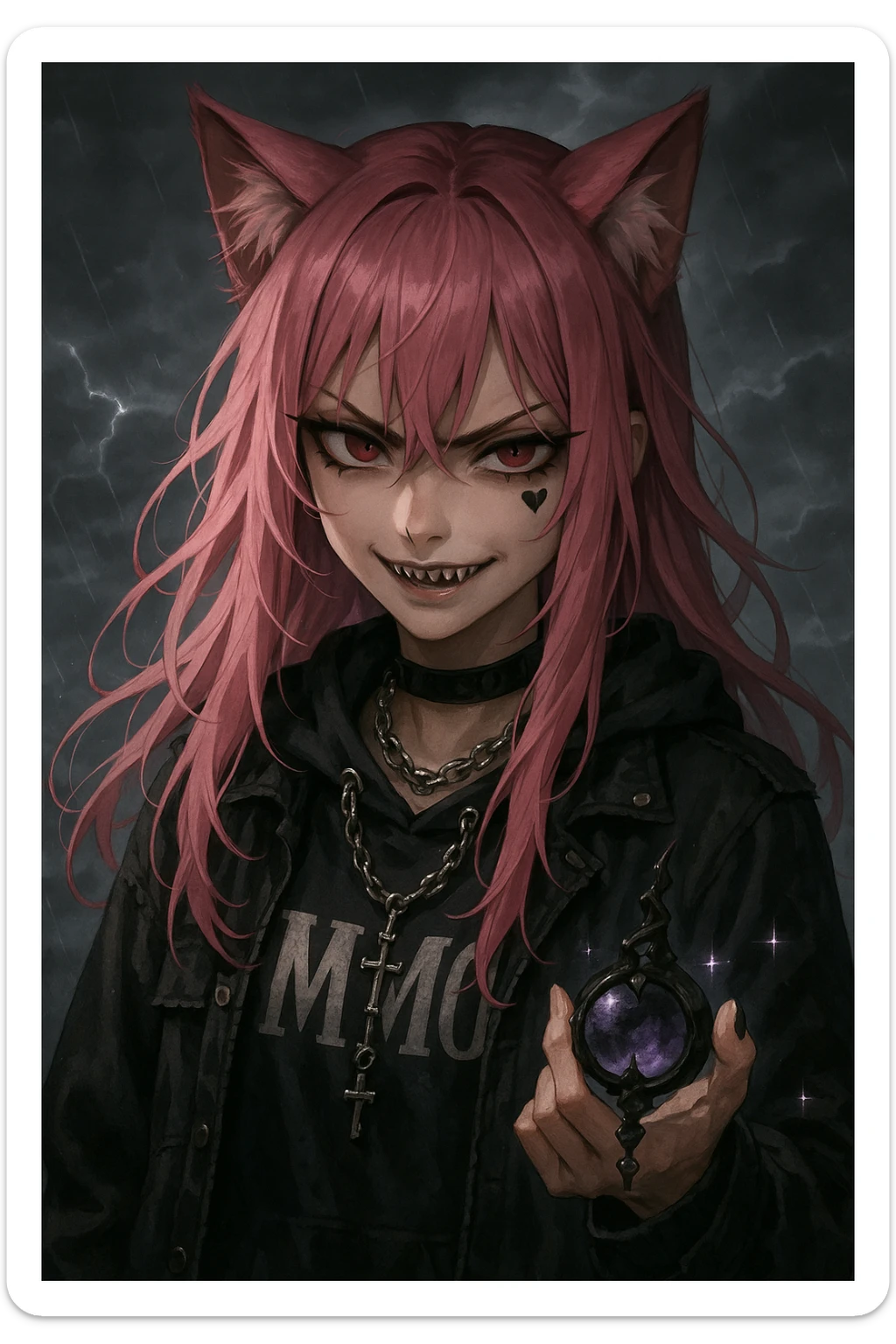realistic anime catgirl with pink hair, emo streetwear, heart tattoo under left eye, dark magical accessory, sparkles, stormy background, villainous scary expression with smirk and sharp eyes sticker