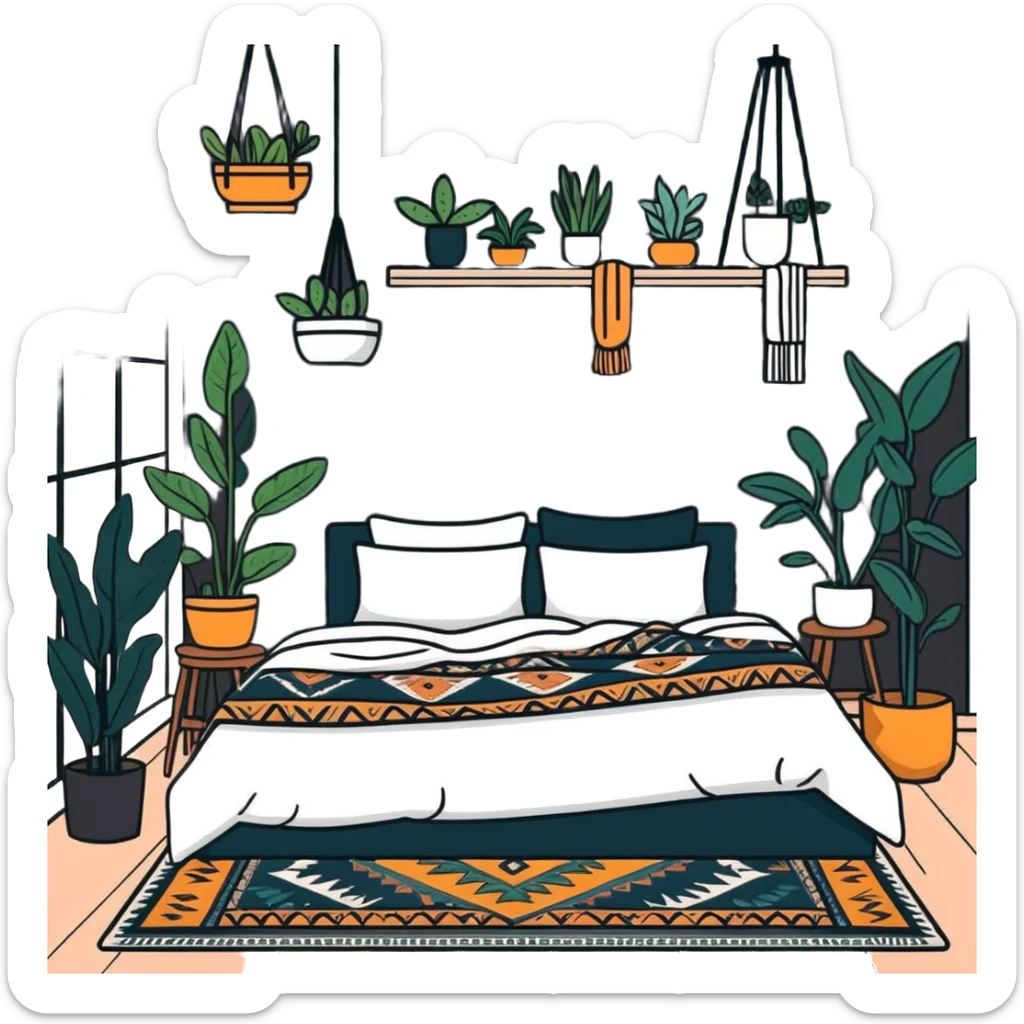 modern bohemian bedroom with hanging plants, layered patterned rugs, and lots of cozy blankets on bed sticker