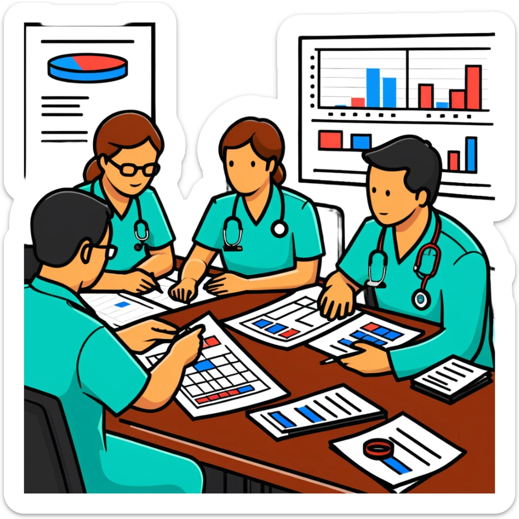 Emergency medical team in a committee meeting with charts and funding documents sticker