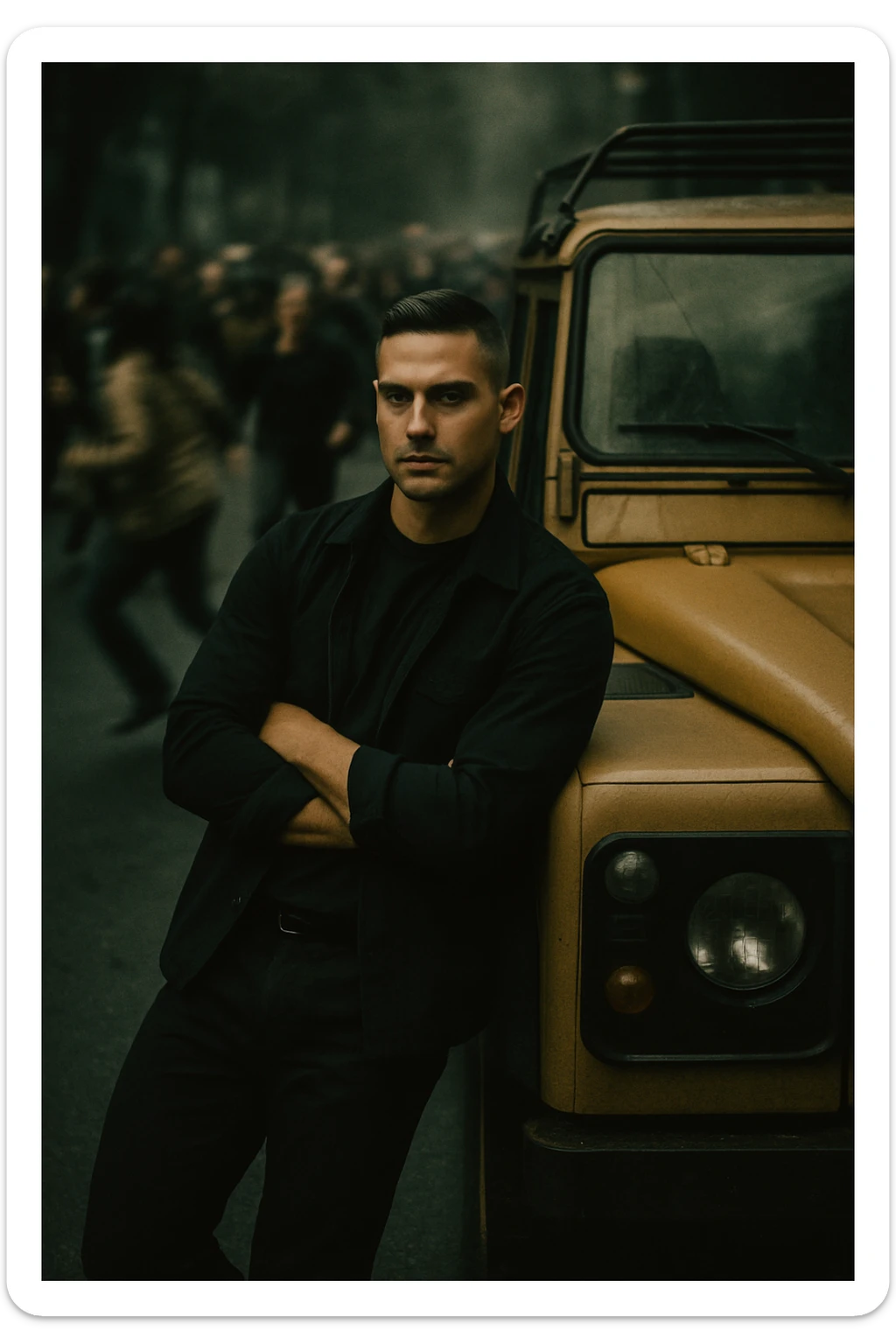 An aerial cinematic shot of me leaning against a yellow land rover defender on the street, wearing a t-shirt under a black jacket. A blurry crowd of people running around me. Gloomy lighting, 35mm film style, shallow depth of field, sharp focus on me.  sticker