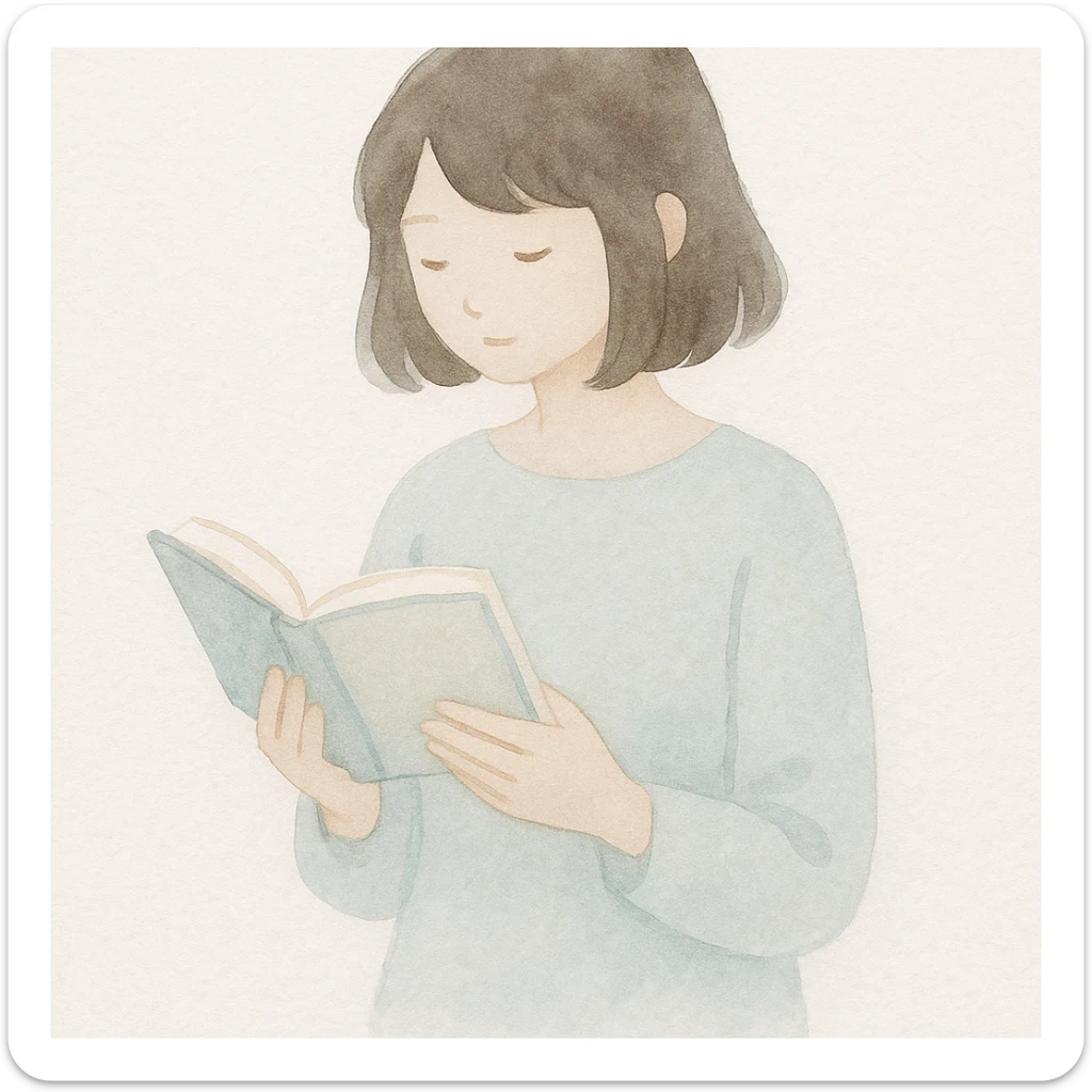girl reading a book, soft watercolor illustration, gentle colors, delicate brush strokes sticker
