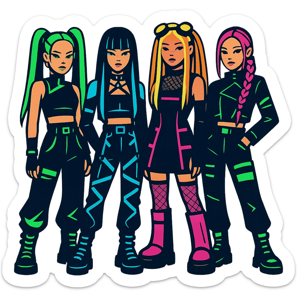 Blackpink in cyber goth style, neon highlights, futuristic dark fashion sticker