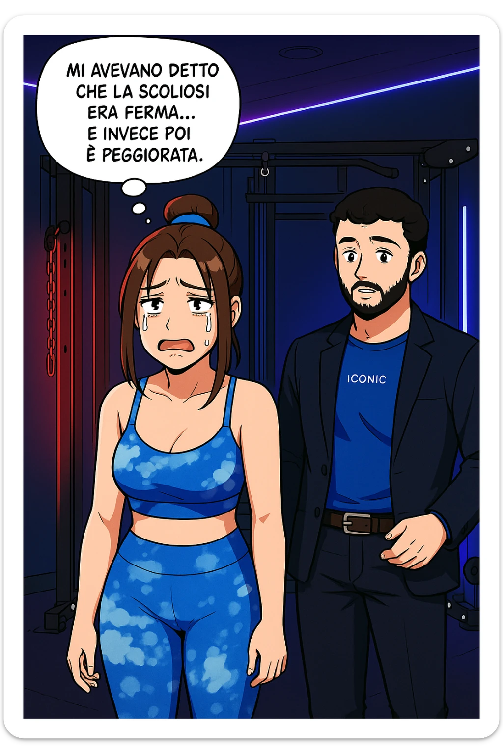 fai questa immagine in versione fumetto/manga/webtoon a colori, il manga mostra la donna disperata con un fumetto sulla testa che dice:
Mi avevano detto che la scoliosi era ferma… e invece poi è peggiorata.
 sticker