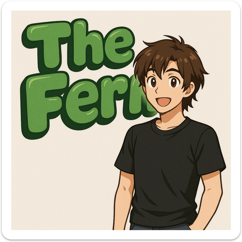 green bubble letters that say 'The Fern', thick, soft, and cheerful, with a slight 3D effect. A brunette anime man with medium-length brown hair, expressive anime face, and a black t-shirt (no jacket) stands in front of the letters. sticker