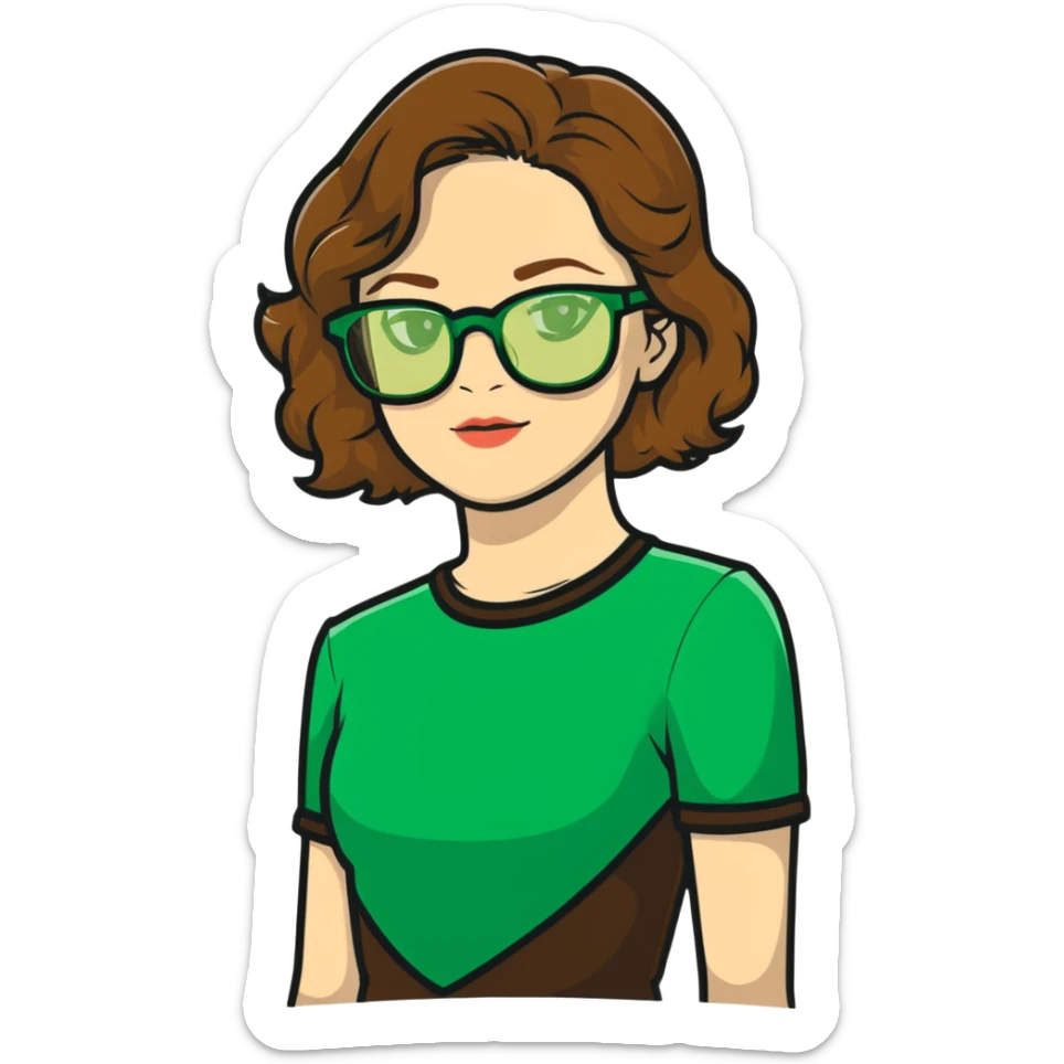 woman with pale skin, brown wavy hair, green eyes, gold glasses sticker