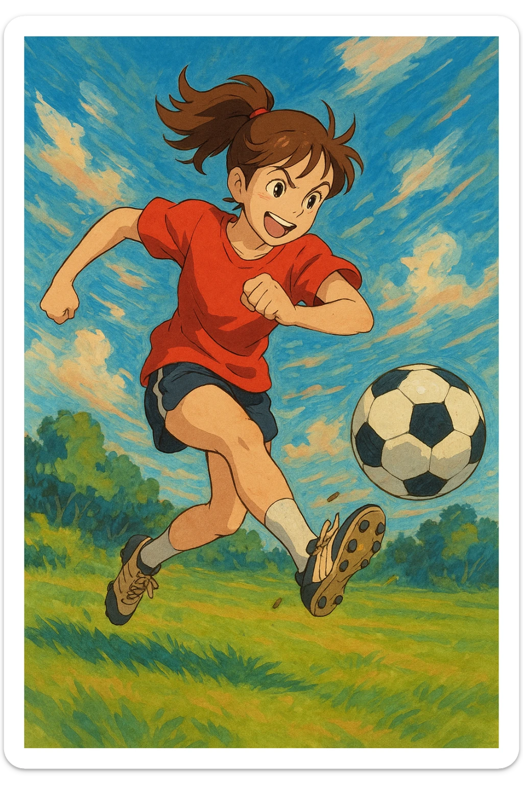 woman playing soccer, wearing a red shirt, energetic pose, clear soccer ball, dynamic action sticker