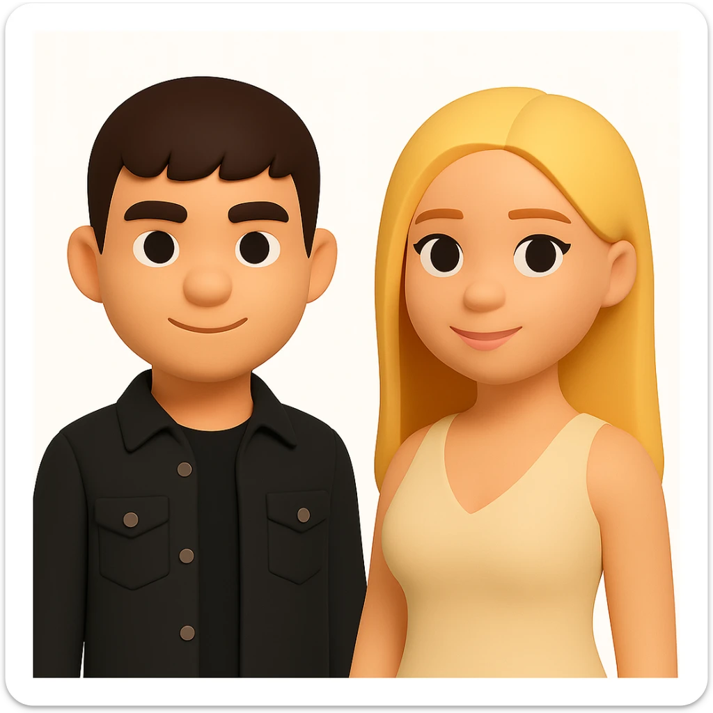 In the style of 3D Emoji, slightly increase the volume of the upper body of the girl, separate the girl and the boy from each other, and make the skin color the same for both characters. The style should reflect the Microsoft style 3D fluent emojis. sticker