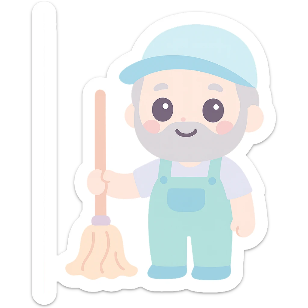 friendly janitor with gray beard and hair, holding a mop beside him, clear and friendly illustration style sticker