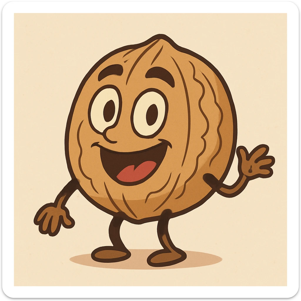 a walnut in a cartoon style with a smiling face, colorful, simple shapes sticker