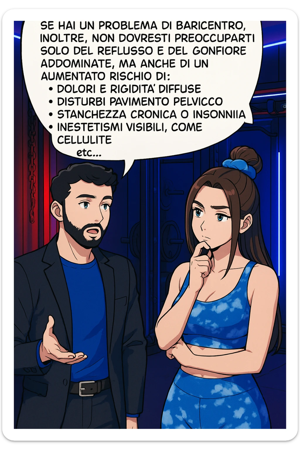 TRASFORMA QUESTO CAROSELLO IN UN FUMETTO STILE WEBTOON/MANGA A COLORI CON QUESTE DUE PERSONE IDENTICHE CHE INTERLOQUISCONO TRA LORO, L'uomo sta spiegando alla donna questo concetto MENTRE LA DONNA SI TIENE L'INDICE SUL MENTO ASCOLTANDOLO PENSIEROSA:

Se hai un problema di baricentro, inoltre, non dovresti preoccuparti solo del reflusso e del gonfiore addominale, ma anche di un aumentato rischio di:
    • dolori e rigidità diffuse
    • disturbi pavimento pelvico
    • stanchezza cronica o insonnia
    • inestetismi visibili, come celluluite
    • etc… sticker