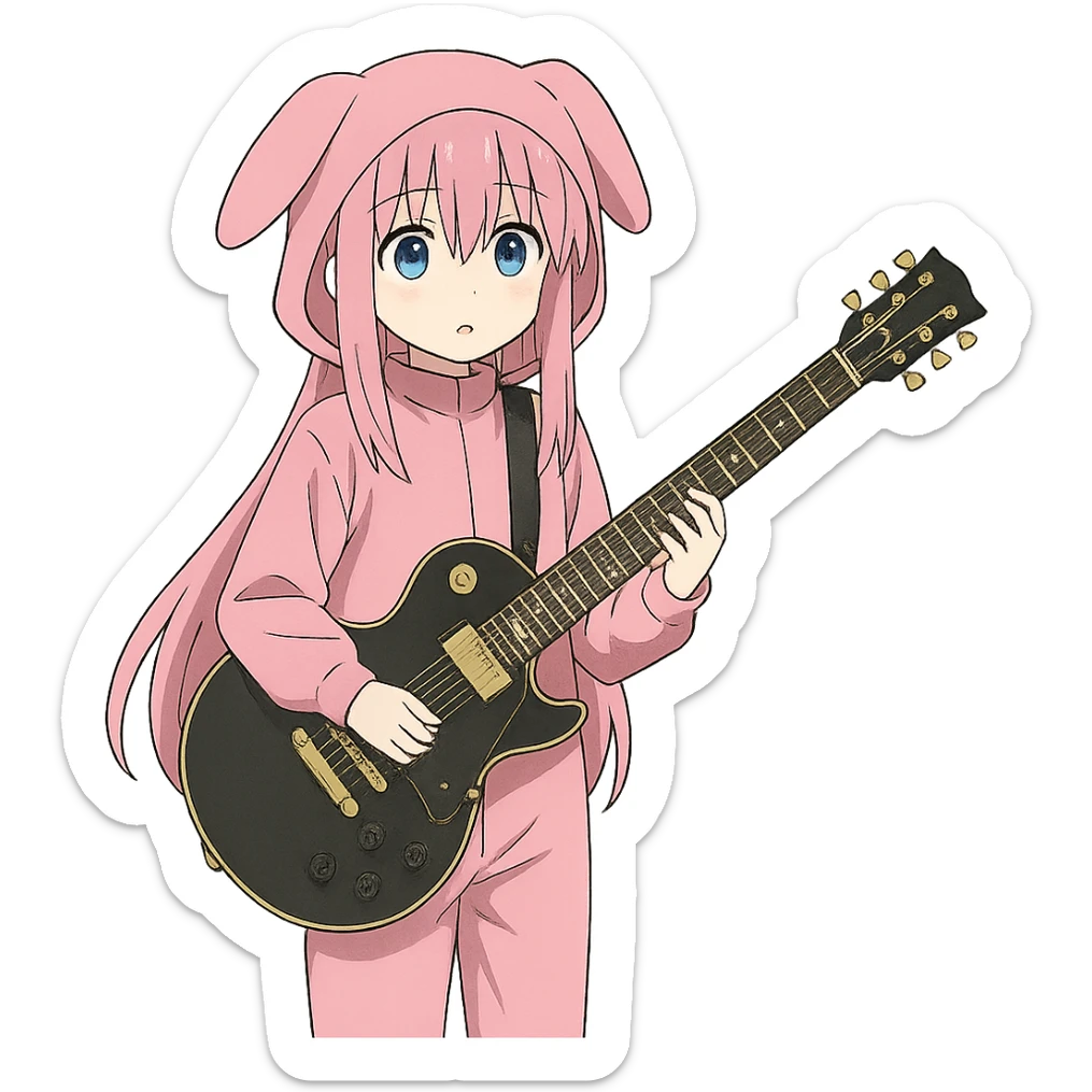 Bocchi the Rock character in a pink costume holding a guitar, anime style sticker