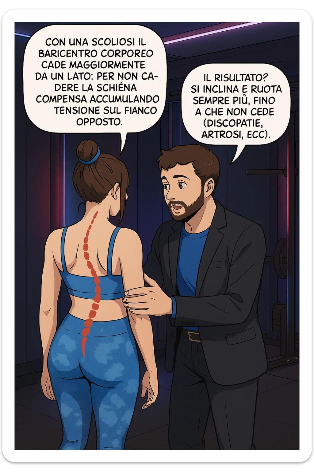 fai questa immagine in versione manga/webtoon a colori, il manga mostra la donna di spalle, mentre l'uomo le tocca la spina dorsale per spiegarle come funziona la scoliosi:
Con una scoliosi il baricentro corporeo cade maggiormente da un lato; per non cadere la schiena compensa accumulando tensione sul fianco opposto.
Il risultato? Si inclina e ruota sempre più, fino a che non cede (discopatie, artrosi, ecc) sticker