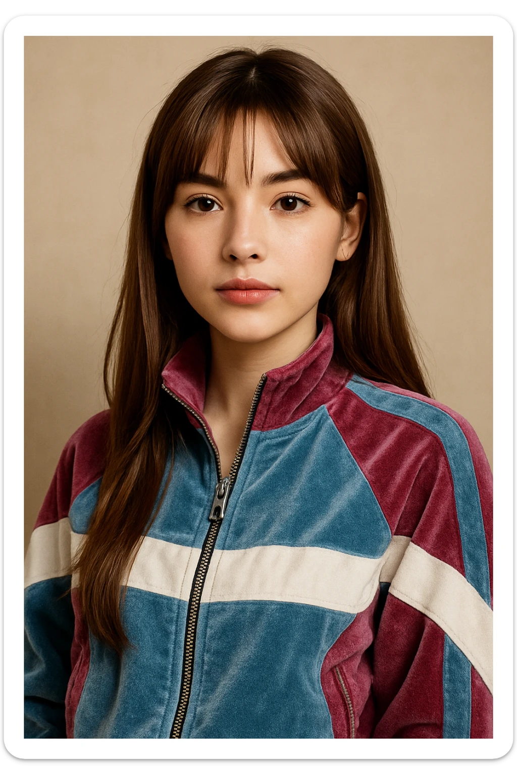 Y2K aesthetic: girl with fair skin, long straight light brown hair, curtain bangs, dark brown almond-shaped eyes, trendy Y2K jacket, detailed, trendy, realistic portrait sticker