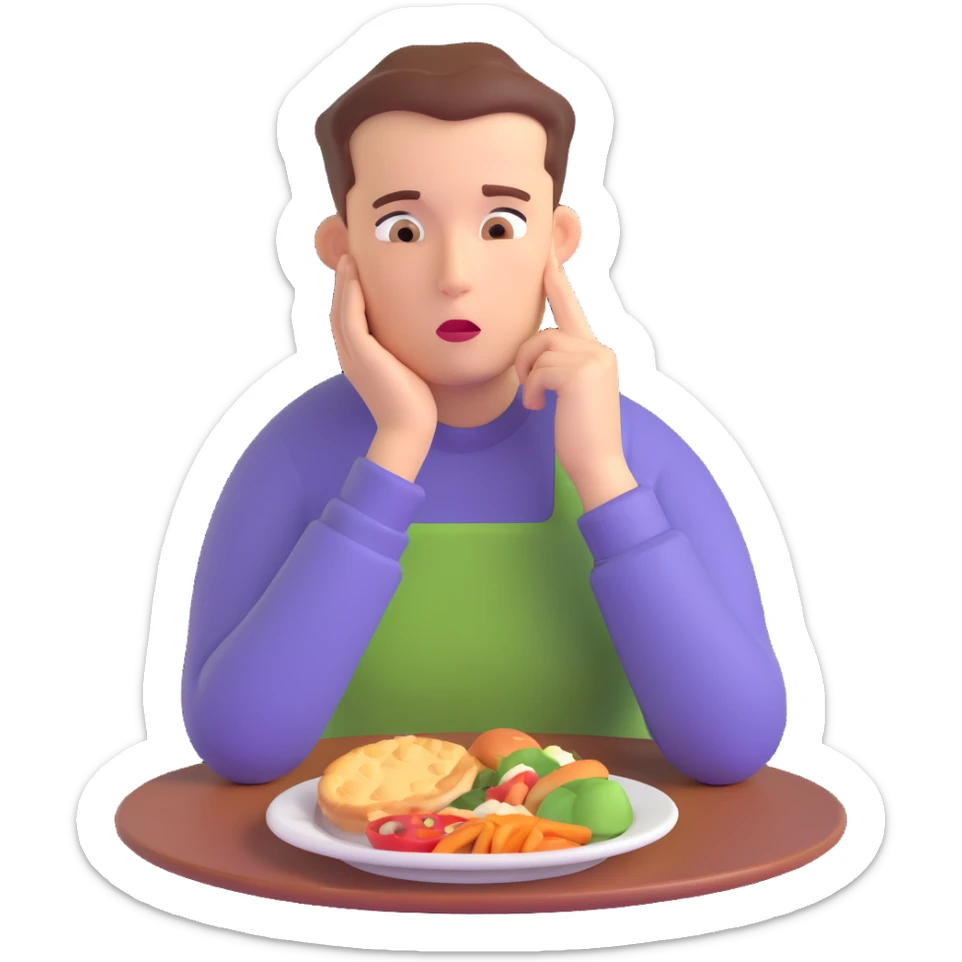 cartoon person with a food plate, hand on chin, pondering whether to eat, visible thought bubble, no background sticker